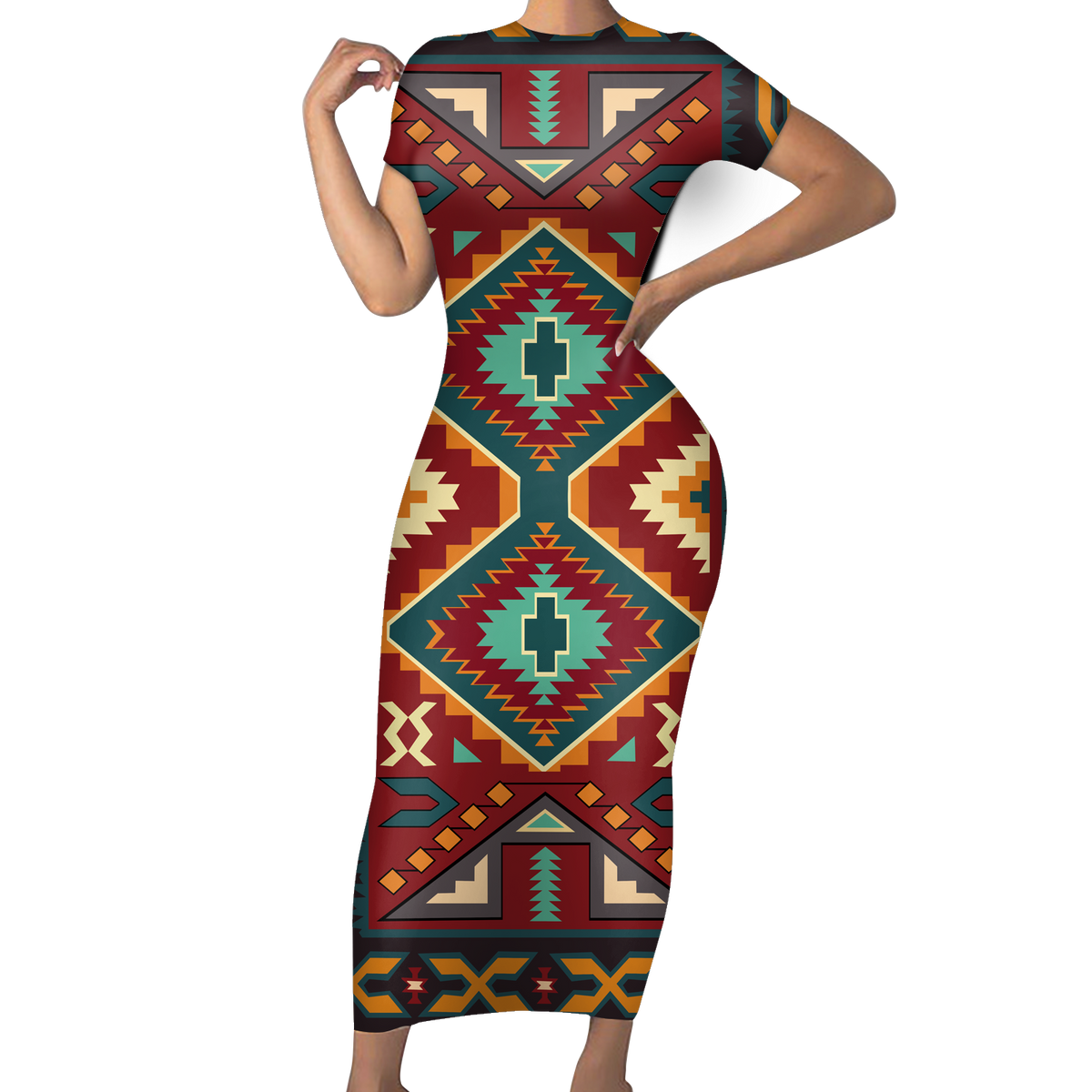 Powwow StoreGBNAT00061  Native Tribes Pattern Native American ShortSleeved Body Dress