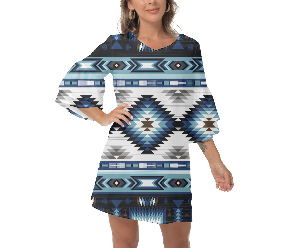 Powwow StoreGBNAT00528 Native  Design Print Women's VNeck Dresss