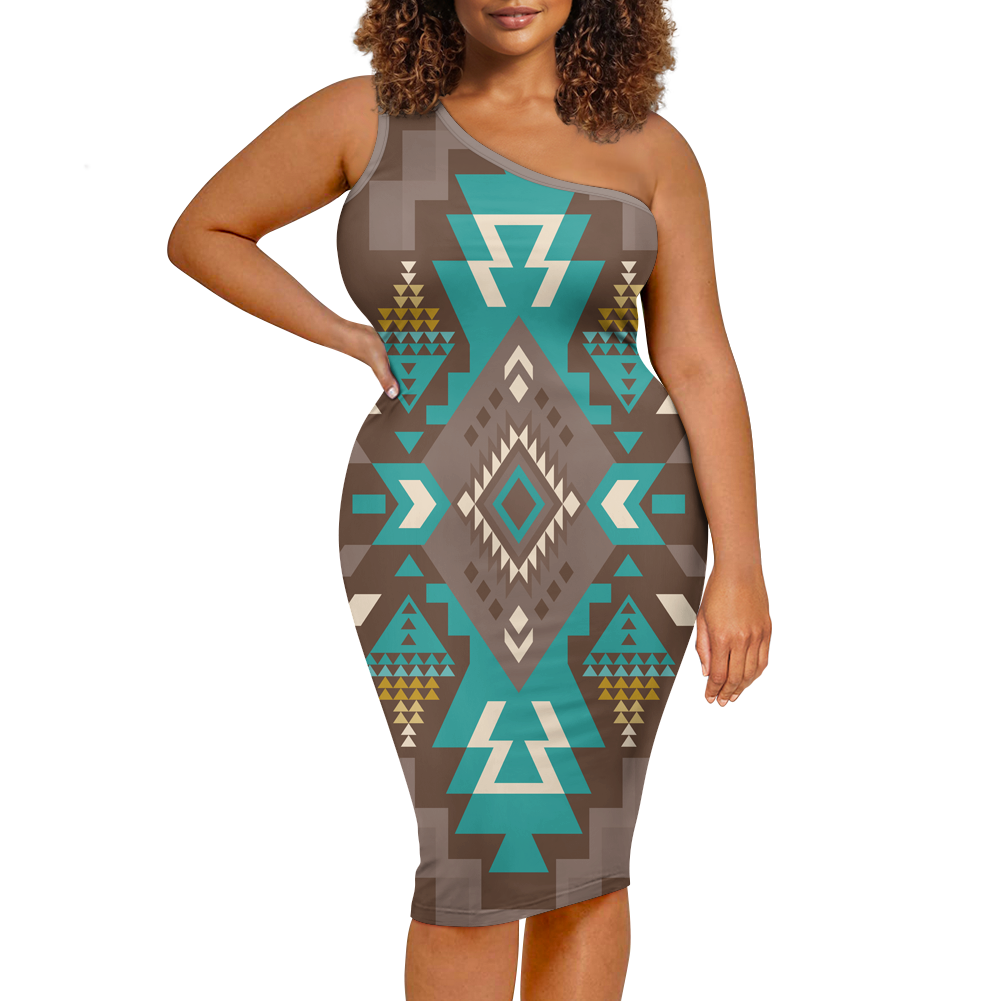 Powwow StoreGBNAT0053801 Pattern Native Women's OneShoulder Slim Dress