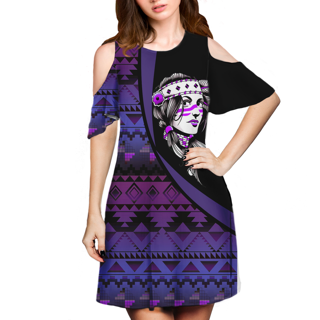 Powwow StoreCSDR0001 Pattern Native Cold Shoulder Dress With A Round Neckline