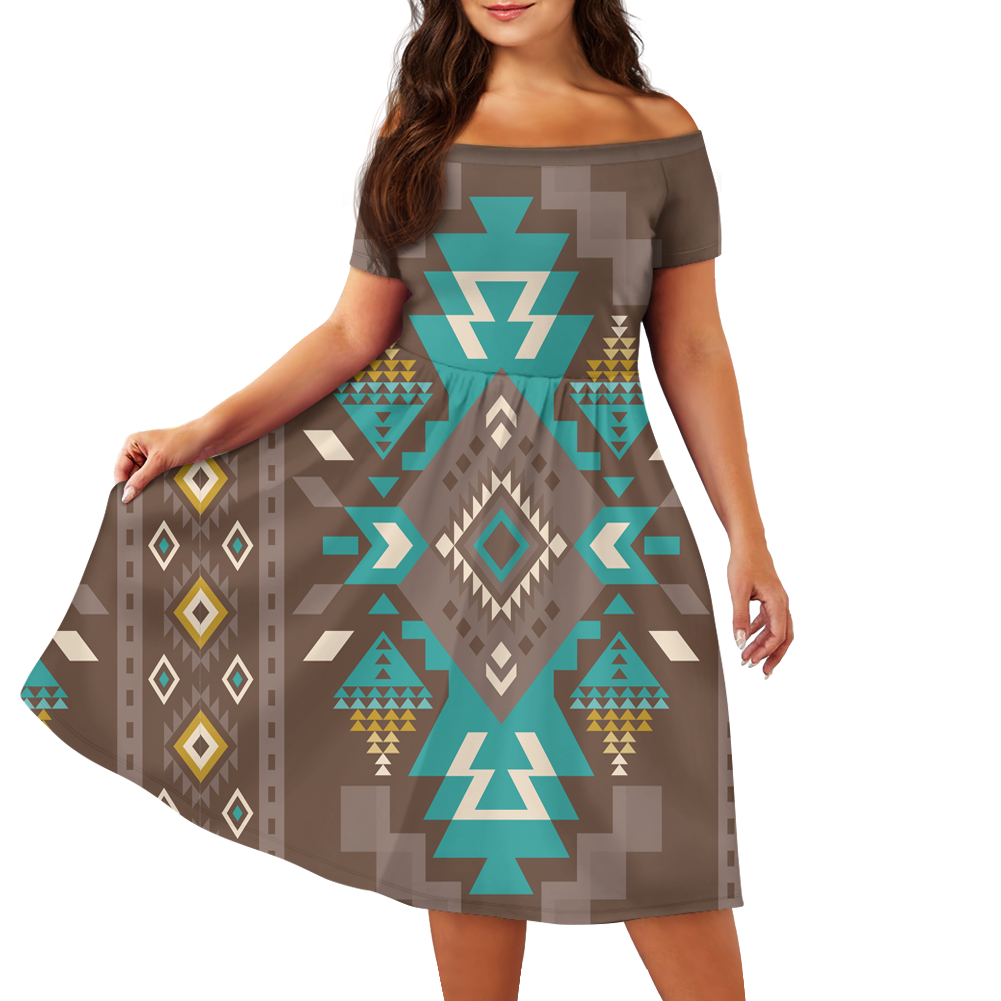 Powwow StoreGBNAT0053801 Pattern Native Off Shoulder Short Sleeved Dress