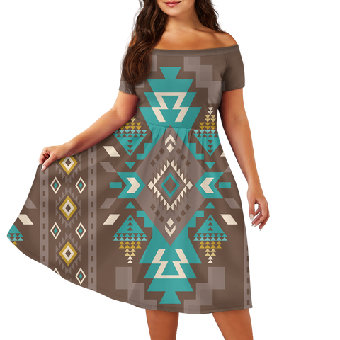 Powwow StoreGBNAT0053801 Pattern Native Off Shoulder Short Sleeved Dress