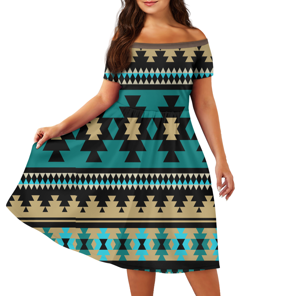 Powwow StoreGBNAT00509 Pattern Native Off Shoulder Short Sleeved Dress