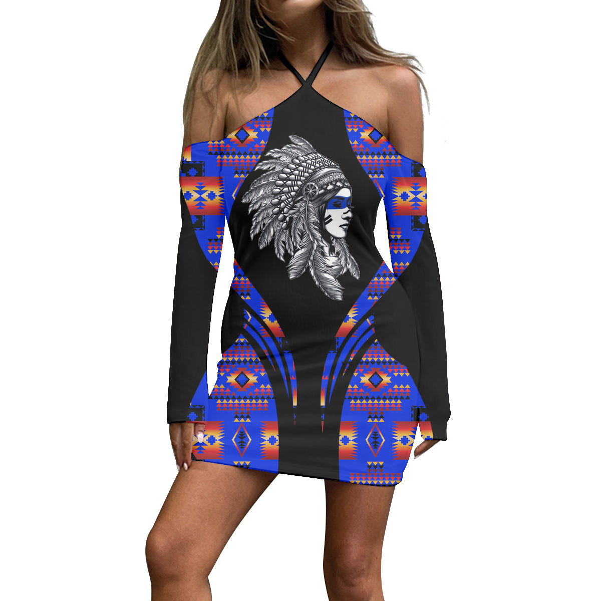Powwow Store3WDSGA0600017 Pattern Native Women’s Stacked Hem Dress With Short Sleeve