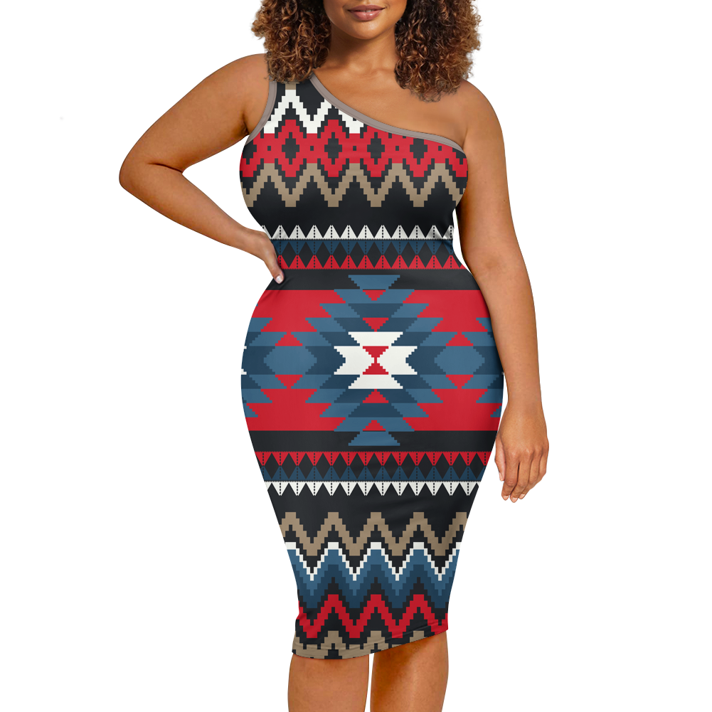 Powwow StoreGBNAT00529 Pattern Native Women's OneShoulder Slim Dress (Copy)