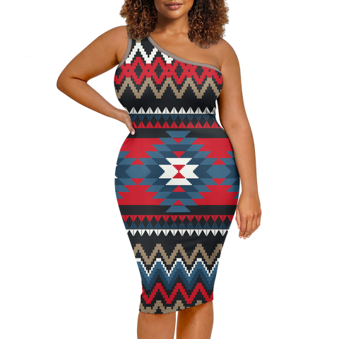 Powwow StoreGBNAT00529 Pattern Native Women's OneShoulder Slim Dress (Copy)