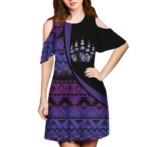 Powwow StoreCSDR0002 Pattern Native Cold Shoulder Dress With A Round Neckline