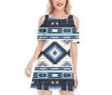 Powwow StoreGBNAT00528 Pattern Native Women's Cold Shoulder Oneck Dress