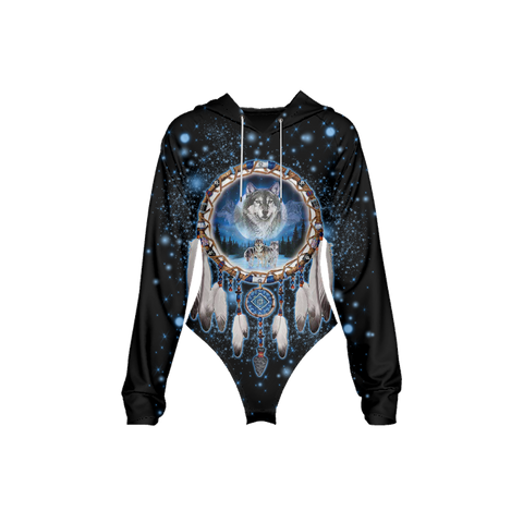 Powwow StoreGBNAT00010 Tribes Pattern Women's Raglan Sleeve Hooded Bodysuit