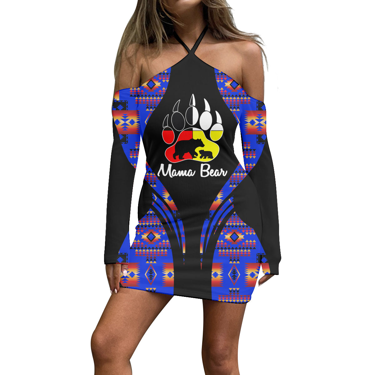 Powwow Store3WDSGA0600018 Pattern Native Women’s Stacked Hem Dress With Short Sleeve