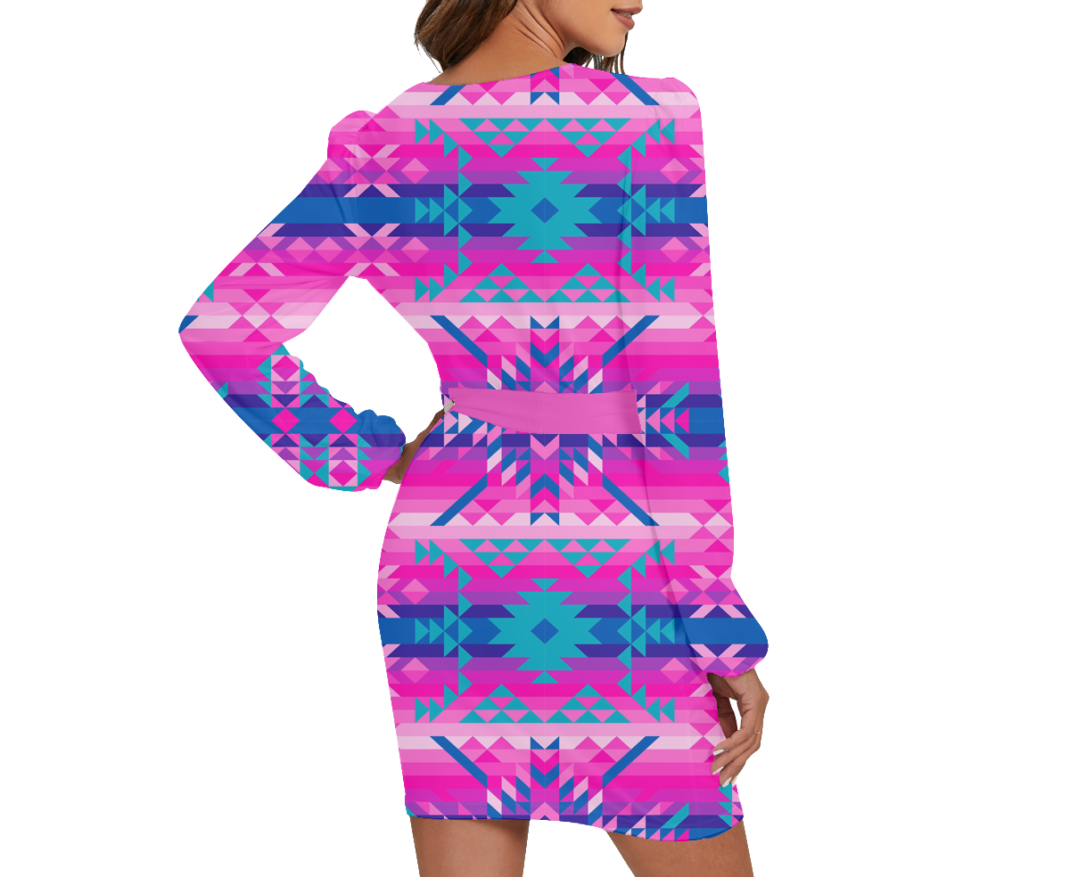 Powwow Storegb nat00630 pattern native long sleeve dress with waist belt