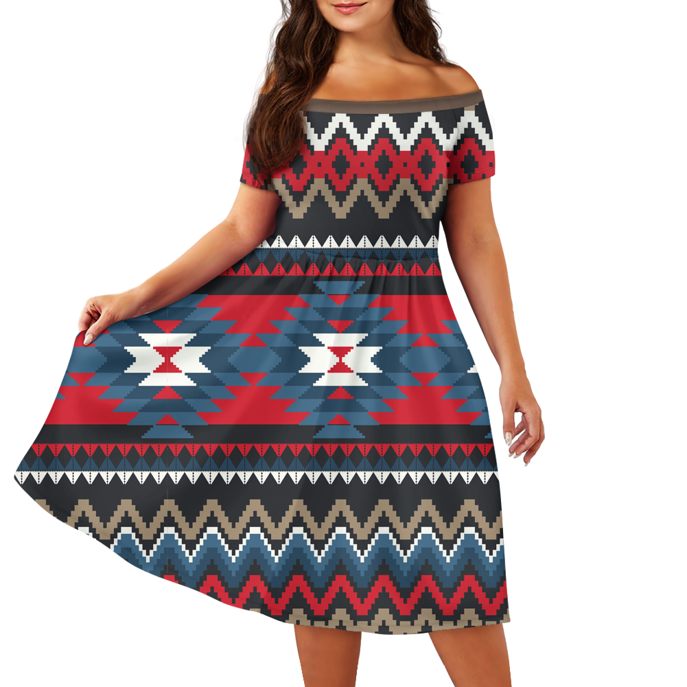 Powwow StoreGBNAT00529 Pattern Native Off Shoulder Short Sleeved Dress