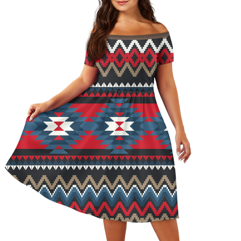 Powwow StoreGBNAT00529 Pattern Native Off Shoulder Short Sleeved Dress