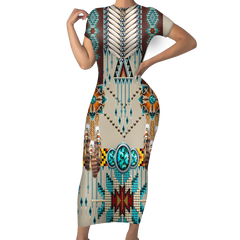 Powwow StoreGBNAT00069 Native Tribes Pattern Native American ShortSleeved Body Dress