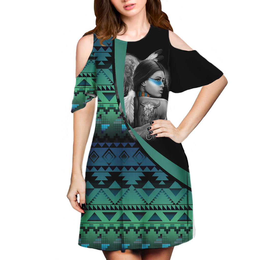 Powwow StoreCSDR0004 Pattern Native Cold Shoulder Dress With A Round Neckline