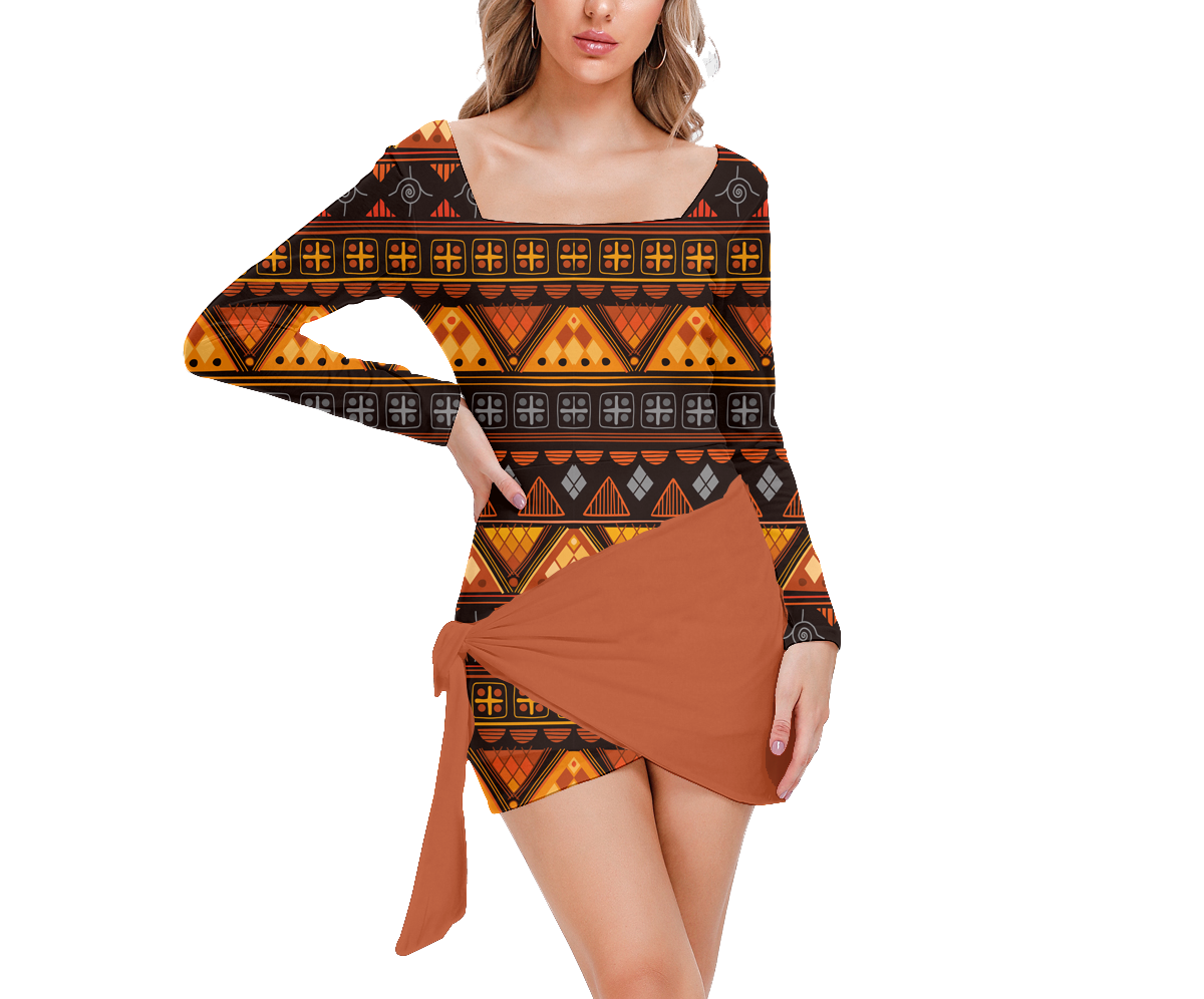 Powwow StoreGBNAT00644 Pattern Native Women’s Square Collar Dress With Long Sleeve