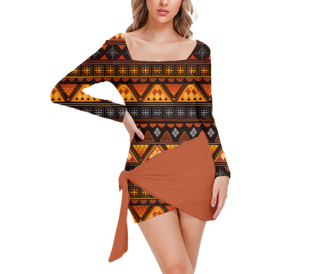 Powwow StoreGBNAT00644 Pattern Native Women’s Square Collar Dress With Long Sleeve