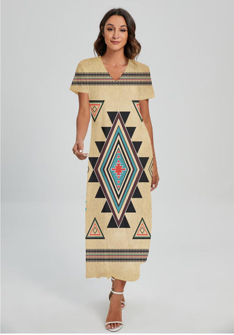 Powwow StoreGBNAT00076 Pattern Native Vneck Dress With Side Slit