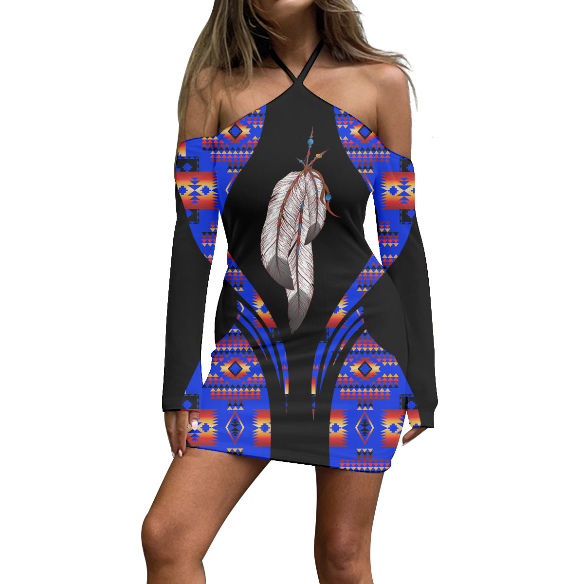 Powwow Store3WDSGA0600019 Pattern Native Women’s Stacked Hem Dress With Short Sleeve