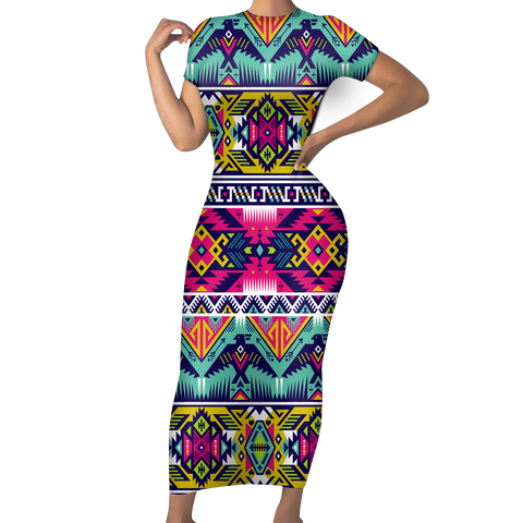 Powwow StoreGBNAT00071 Native Tribes Pattern Native American ShortSleeved Body Dress