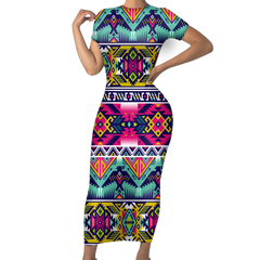 Powwow StoreGBNAT00071 Native Tribes Pattern Native American ShortSleeved Body Dress