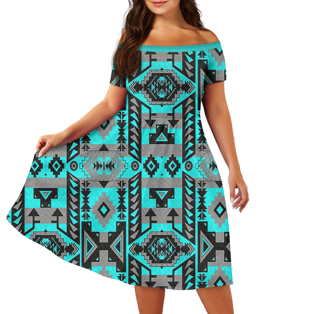 Powwow StoreGBNAT00626 Pattern Native Off Shoulder Short Sleeved Dress