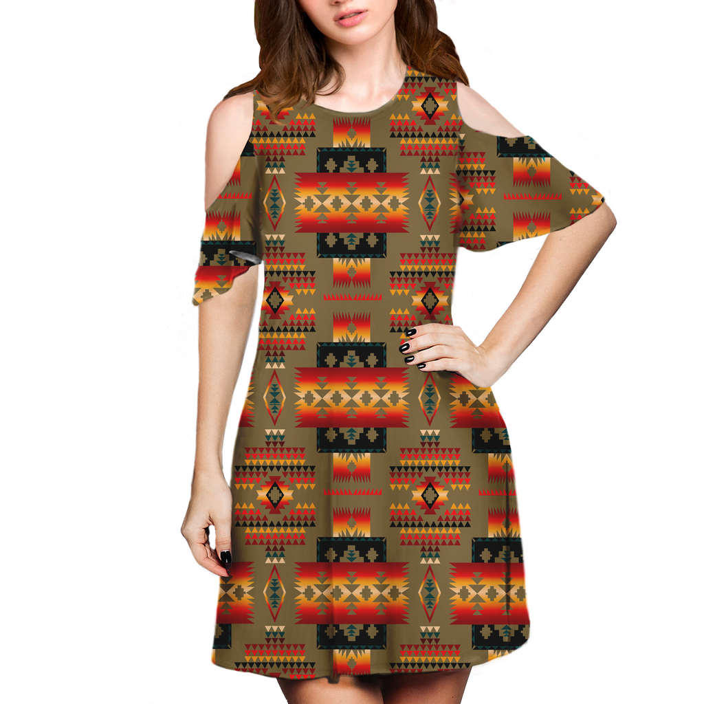 Powwow StoreGBNAT0004604 Pattern Native Cold Shoulder Dress With A Round Neckline