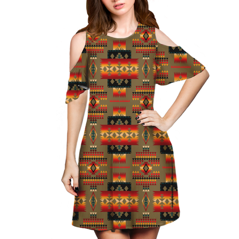 Powwow StoreGBNAT0004604 Pattern Native Cold Shoulder Dress With A Round Neckline