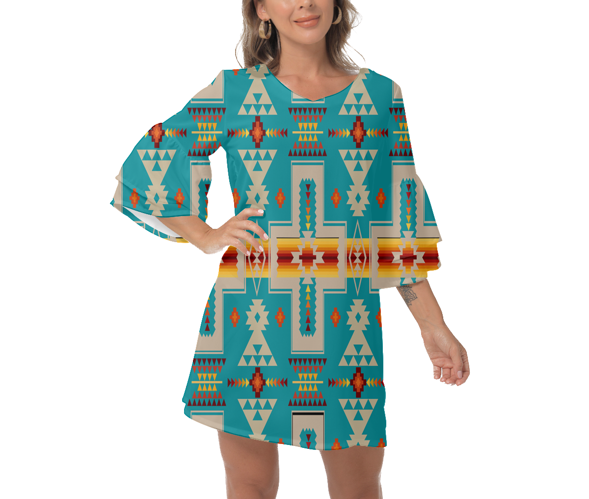 Powwow StoreGBNAT0006205 Native  Design Print Women's VNeck Dresss