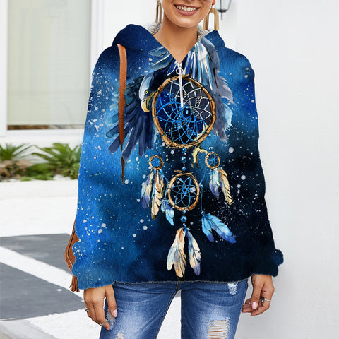 GB-NAT00065 Native American Women's Borg Fleece Hoodie With Half Zip