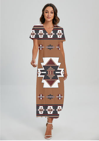 Powwow StoreGBNAT00012 Pattern Native Vneck Dress With Side Slit