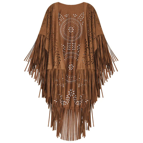 Bohemian cardigan Cloak Camel Suede Floral Hollow Out Fringe Tassel Shawl Women Vintage