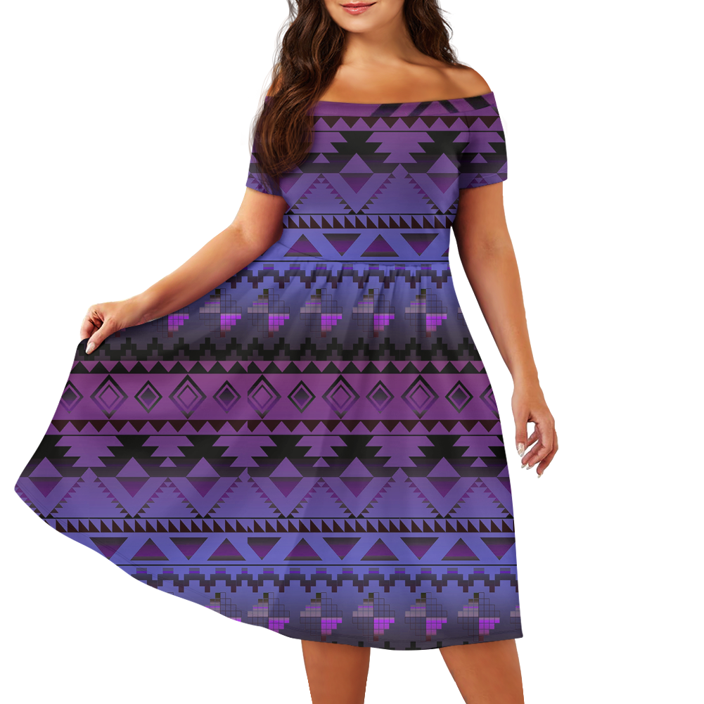 Powwow StoreGBNAT0060102  Pattern Native Off Shoulder Short Sleeved Dress