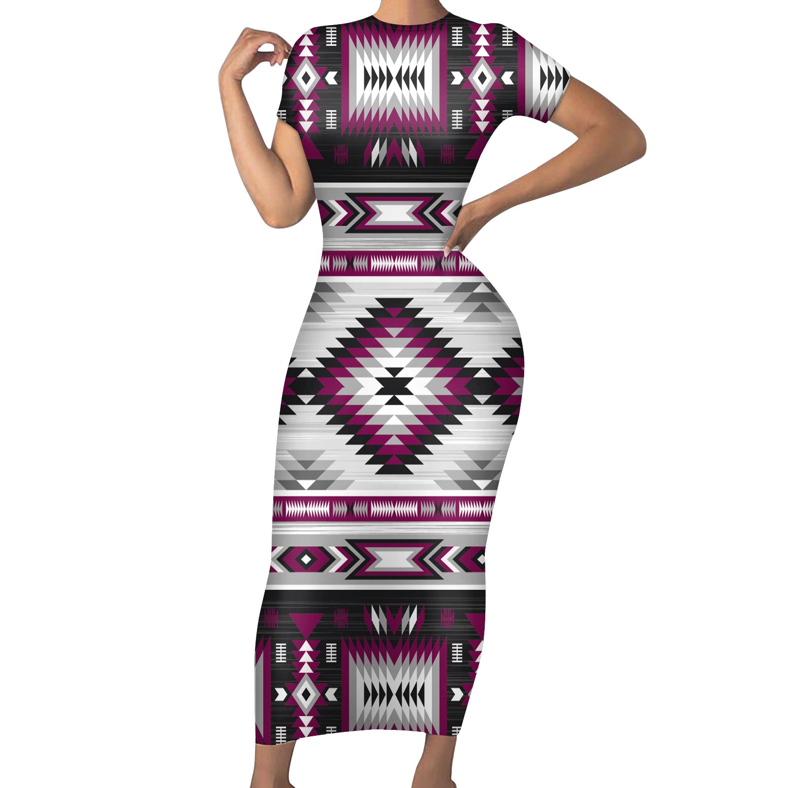 Powwow StoreGBNAT0052802  Tribes Pattern Native American ShortSleeved Body Dress