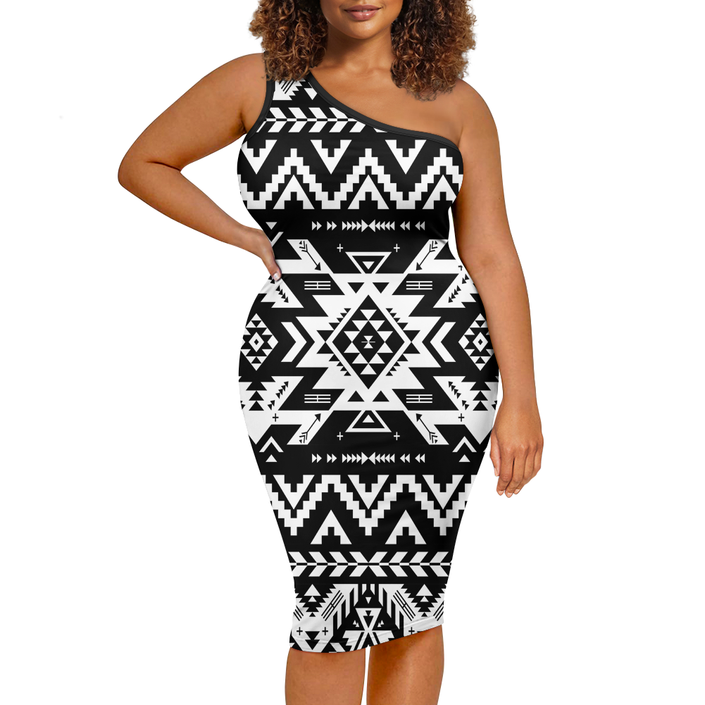 Powwow StoreGBNAT00441  Pattern Native Women's OneShoulder Slim Dress