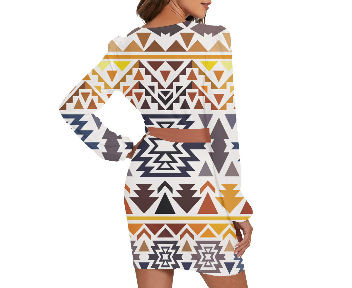 Powwow Storegb nat0004 pattern native long sleeve dress with waist belt