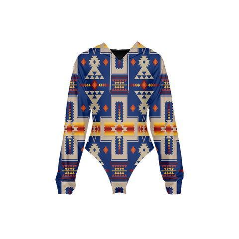 Powwow StoreGBNAT0006204 Tribes Pattern Women's Raglan Sleeve Hooded Bodysuit