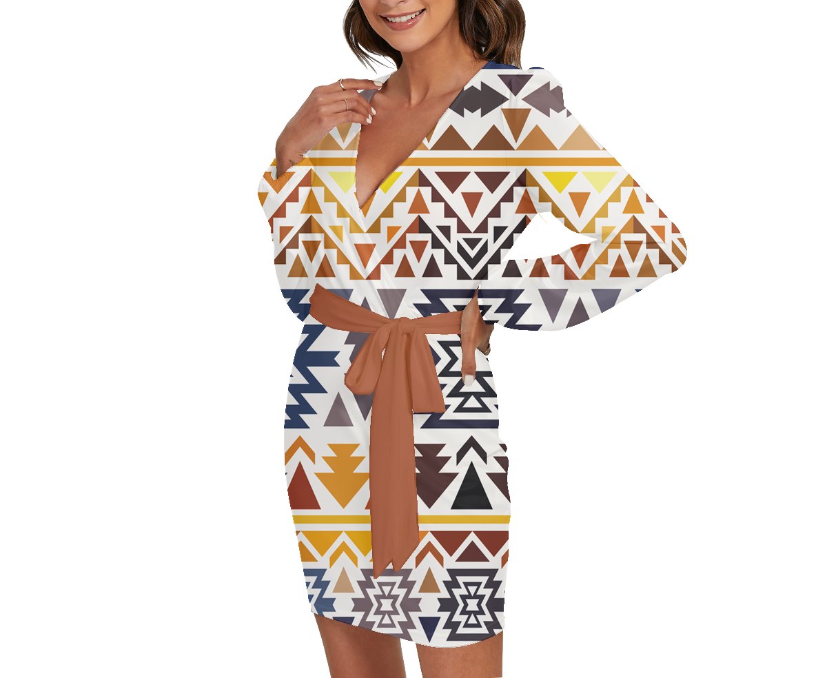 Powwow StoreGBNAT0004 Pattern Native Long Sleeve Dress With Waist Belt