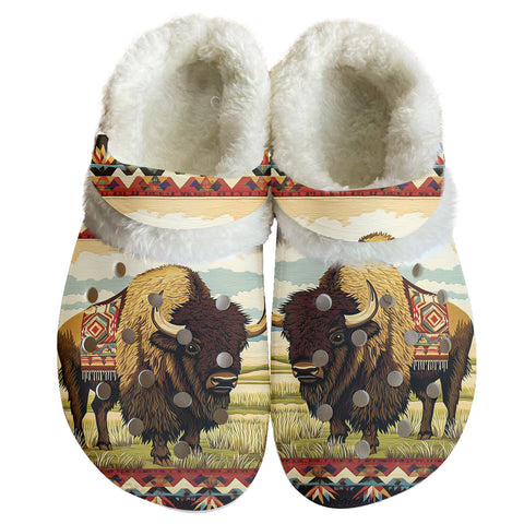 GB-NAT00901 Bison Pattern Native American Classic Clogs with Fleece Shoes