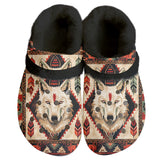 GB-NAT00903 Wolf Pattern Native American Classic Clogs with Fleece Shoes