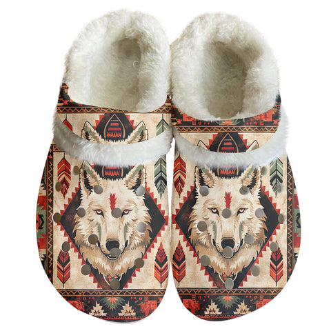 GB-NAT00903 Wolf Pattern Native American Classic Clogs with Fleece Shoes