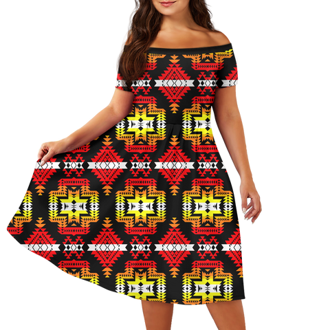 Powwow StoreGBNAT00656 Pattern Native Off Shoulder Short Sleeved Dress