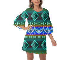 Powwow StoreGBNAT0068002 Native  Design Print Women's VNeck Dresss