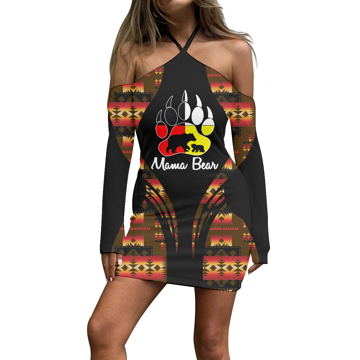 Powwow Store3WDSGA0600020 Pattern Native Women’s Stacked Hem Dress With Short Sleeve