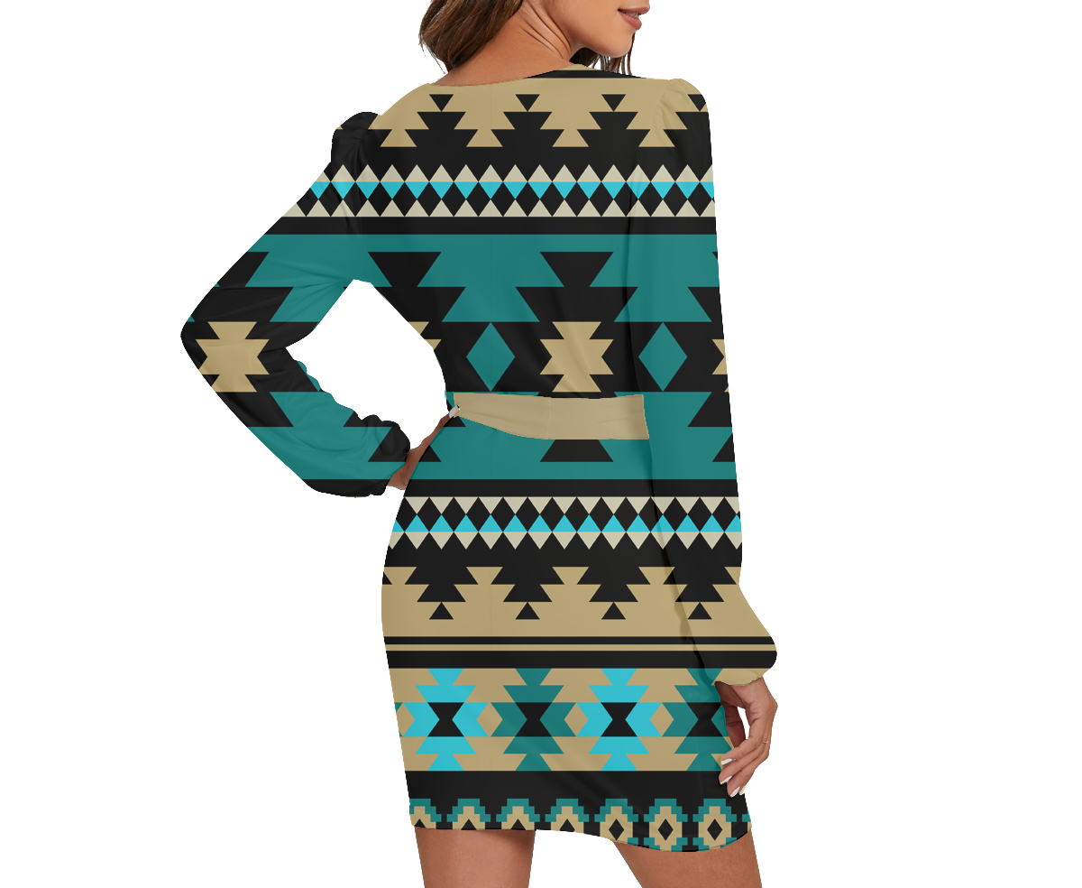 Powwow Storegb nat00626 pattern native long sleeve dress with waist belt