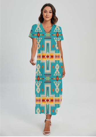 Powwow StoreGBNAT0006205 Pattern Native Vneck Dress With Side Slit