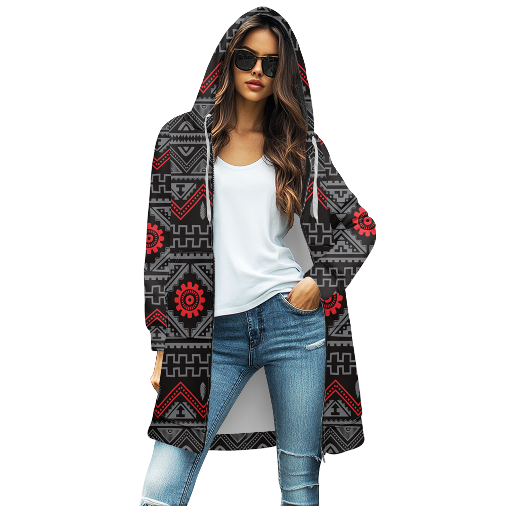 GB-NAT00595 Pattern Native Women's Mid-Length Hooded Sweatshirt Cardigan