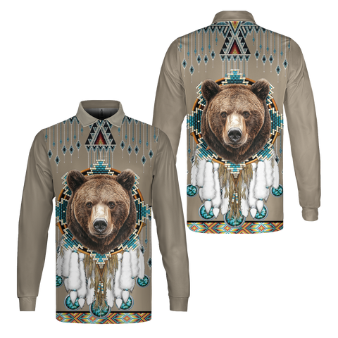 MTS0020 Bear Pattern Native American Long Sleeve Polo Shirt