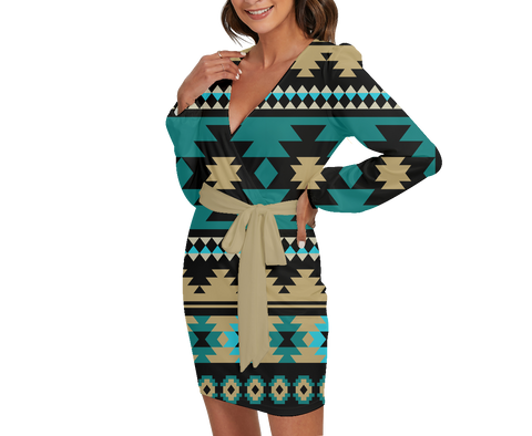 Powwow StoreGBNAT00626 Pattern Native Long Sleeve Dress With Waist Belt