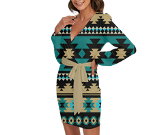Powwow StoreGBNAT00626 Pattern Native Long Sleeve Dress With Waist Belt